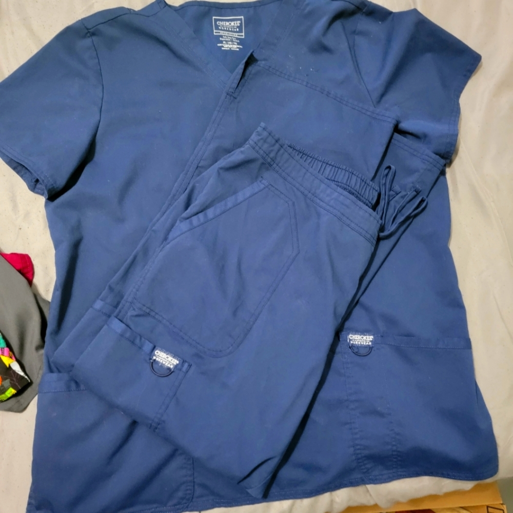 Navy blue Cherokee scrub top and pants
